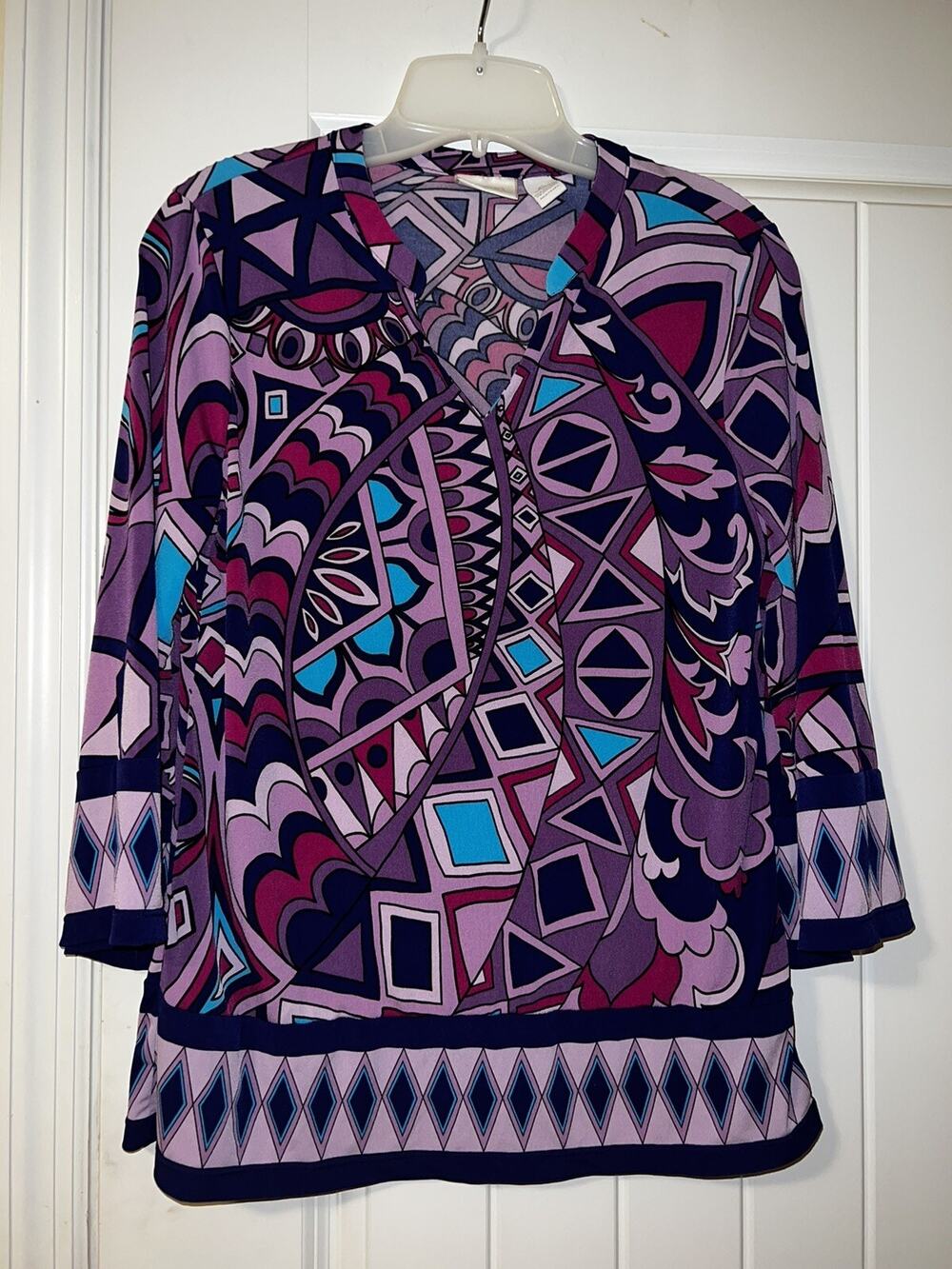 Chico’s purple geometric shape blouse 3/4 sleeve v neck chicos 0 boho